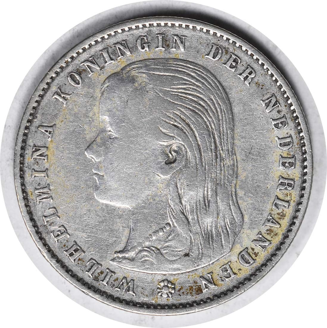 1897 Silver 25 Cents Coin from Netherlands Extra Fine Uncertified: 1897 Silver 25 Cents Coin from Netherlands Extra Fine Uncertified This is a 25 Cents coin from the Netherlands, dated 1897. The coin is made of silver and has been circulated. It is graded XF (Extra F