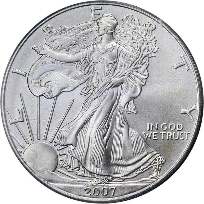 PCGS MS69 First Strike 2007-W Silver Eagle Dollar Burnished Coin: PCGS MS69 First Strike 2007-W Silver Eagle Dollar Burnished Coin This 2007-W Silver American Eagle $1 coin is a burnished, un-used collectible graded MS69 by PCGS. It features excellent luster, strong