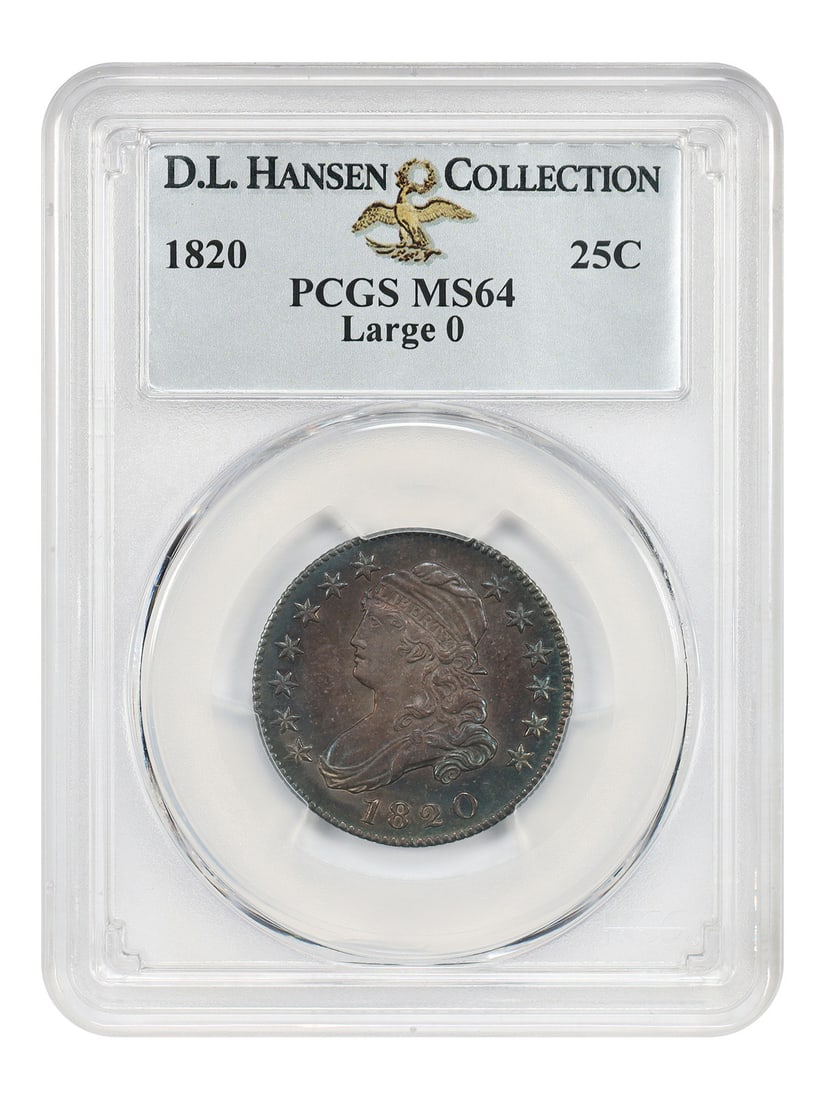 PCGS MS64 1820 Capped Bust Quarter Large 0 B-2 ex D.L. Hansen: PCGS MS64 1820 Capped Bust Quarter Large 0 B-2 ex D.L. Hansen 1820 Capped Bust Quarter, Large 0 variety, graded PCGS MS64 and pedigreed ex: D.L. Hansen. From a mintage of 127,444, there are five die v