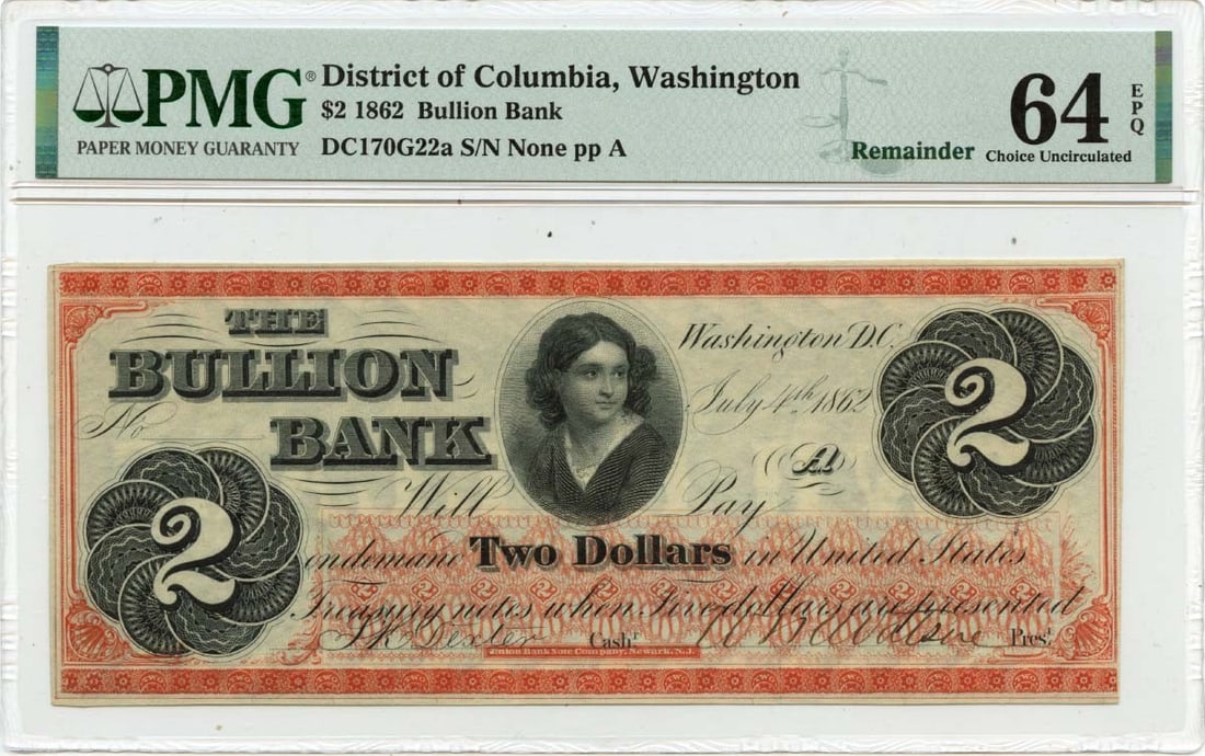PMG 64 EPQ 1862 Washington DC Bullion Bank Obsolete $2 Note: PMG 64 EPQ 1862 Washington DC Bullion Bank Obsolete $2 Note 1862 Washington, District of Columbia obsolete note from Bullion Bank. This pre-owned note is graded uncirculated and encapsulated by PMG, w