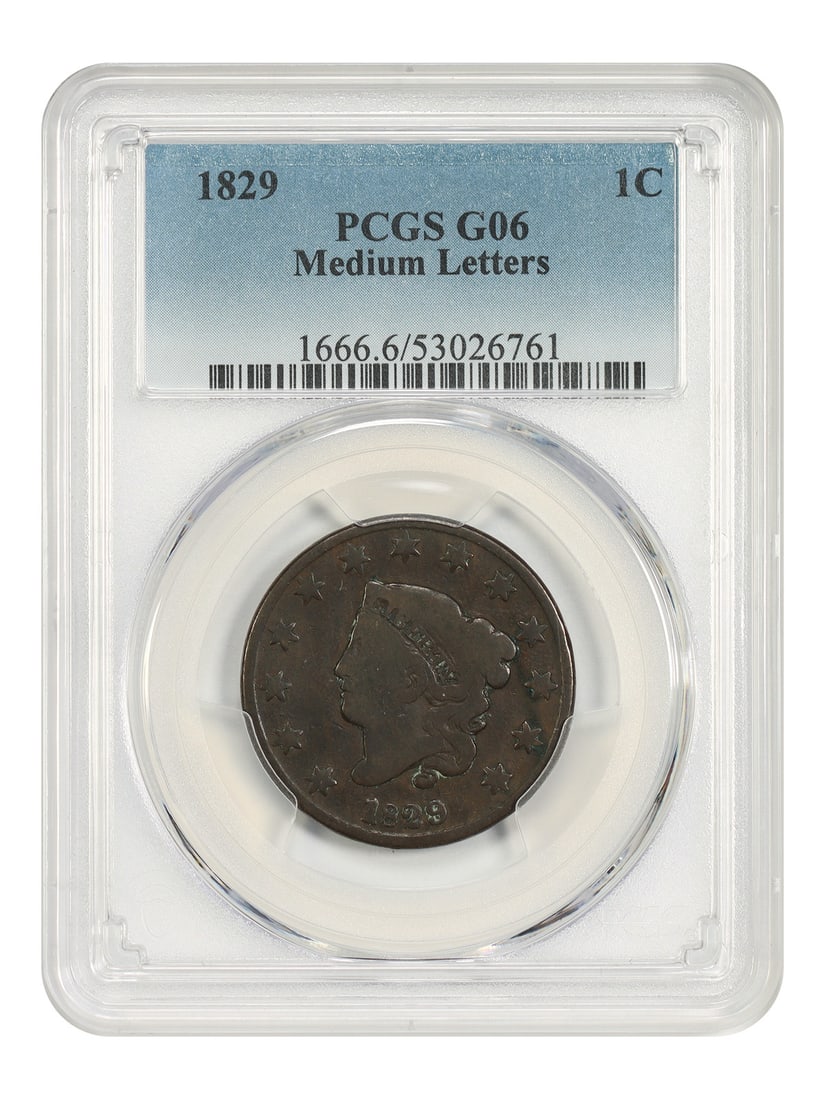 Coronet Head Cent 1829 1C PCGS Good 06 Medium Letters: Coronet Head Cent 1829 1C PCGS Good 06 Medium Letters 1829 Coronet Head Cent certified by PCGS in Good 06 condition. This circulated 1C coin is a pre-owned example of the Medium Letters variety with b