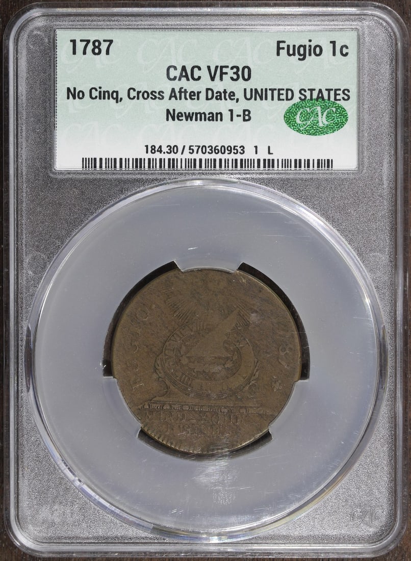 1787 Fugio Cent Copper Newman 1-B No Cinq Cross After Date: 1787 Fugio Cent Copper Newman 1-B No Cinq Cross After Date This is a 1787 Fugio Cent, classified as Newman 1-B with the "No Cinq, Cross After Date" variety. The coin is composed of copper and features