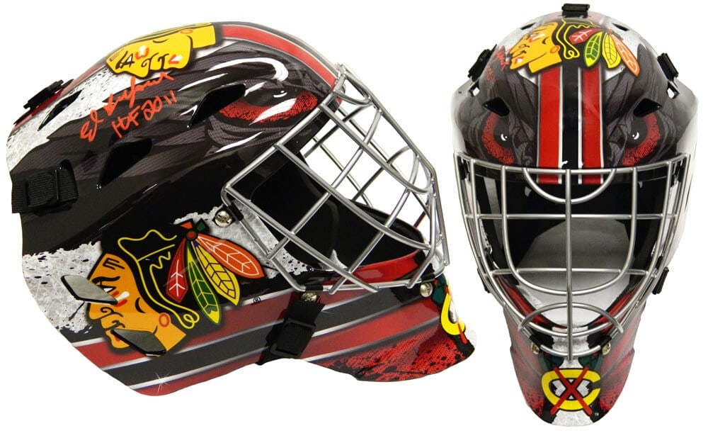 Ed Belfour signed Blackhawks Franklin replica goalie mask HOF 2011 inscription: Ed Belfour signed Blackhawks Franklin replica goalie mask HOF 2011 inscription This is a Franklin full-size replica Chicago Blackhawks goalie mask signed by Ed Belfour. The mask features the inscripti
