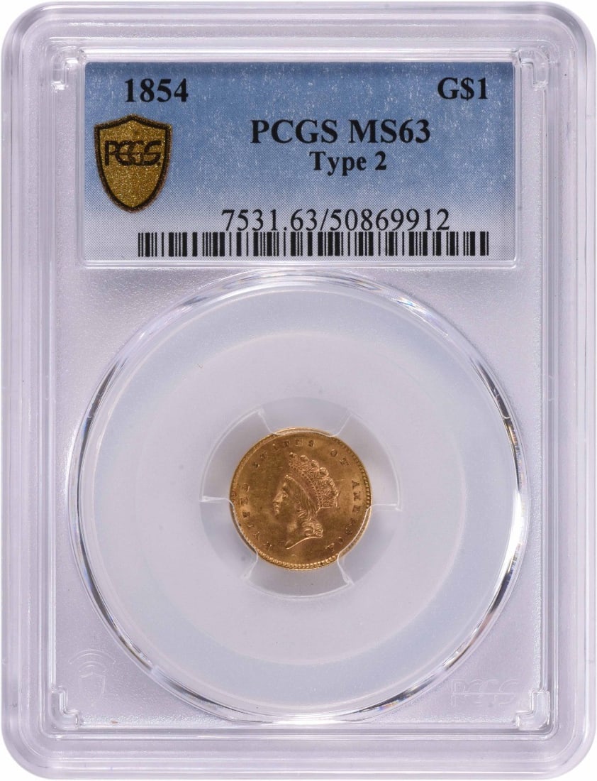 PCGS MS63 1854 Type 2 Gold Dollar Coin (1 of 4)