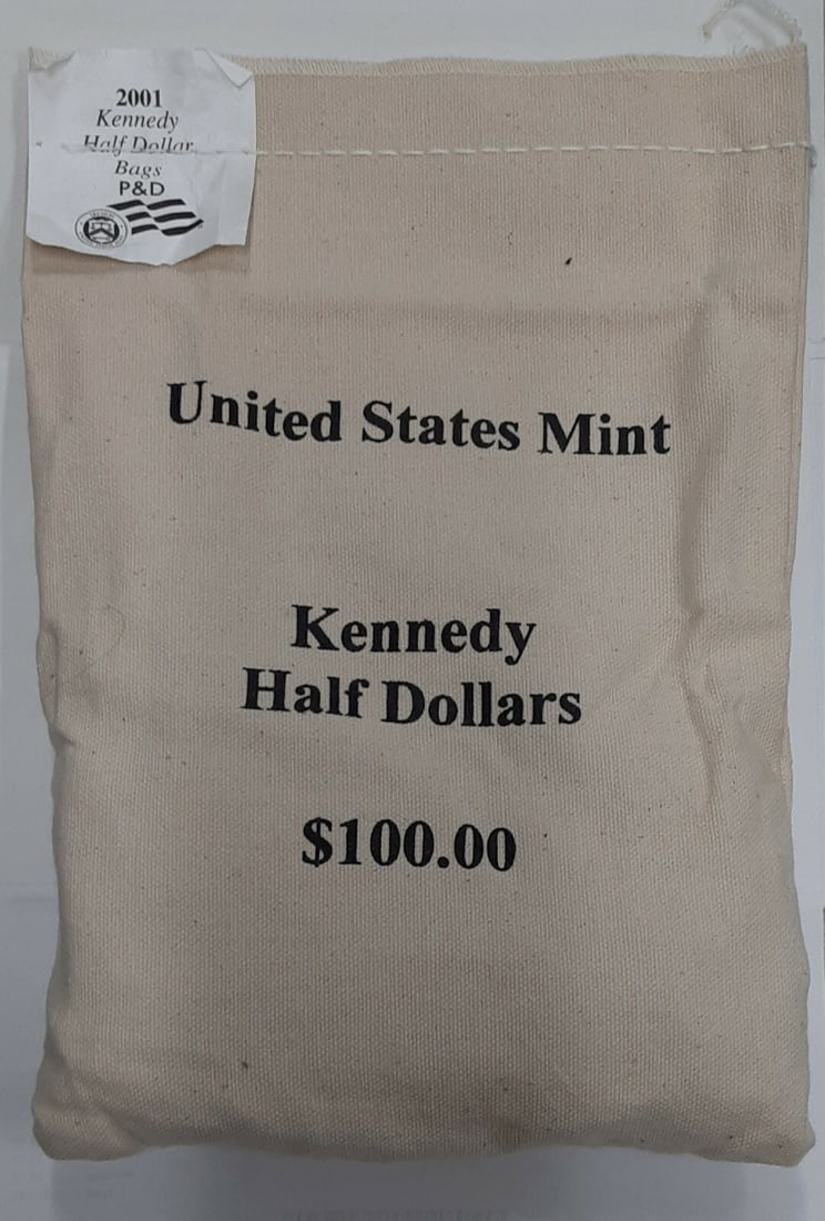 200 uncirculated 2001 Kennedy half dollars sealed US Mint bag P and D: 200 uncirculated 2001 Kennedy half dollars sealed US Mint bag P and D This lot consists of 200 uncirculated 2001 Kennedy half dollars from both the Philadelphia and Denver mints, totaling $100 face va