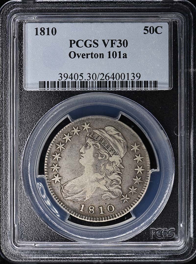 PCGS VF30 1810 Capped Bust Half Dollar Overton 101a: PCGS VF30 1810 Capped Bust Half Dollar Overton 101a 1810 Capped Bust Half Dollar certified by PCGS and graded VF30. This pre-owned United States coin is a circulated example of the 50C denomination an