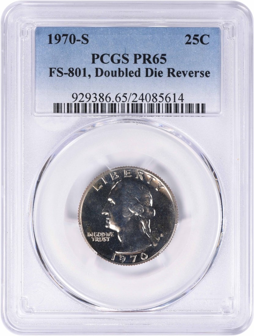 PCGS PR65 1970-S Washington Quarter FS-801 DDR Proof: PCGS PR65 1970-S Washington Quarter FS-801 DDR Proof This 1970-S Washington Quarter features a doubled die reverse (FS-801) and is graded PR65 by PCGS. The coin is a proof strike, composed of clad mat