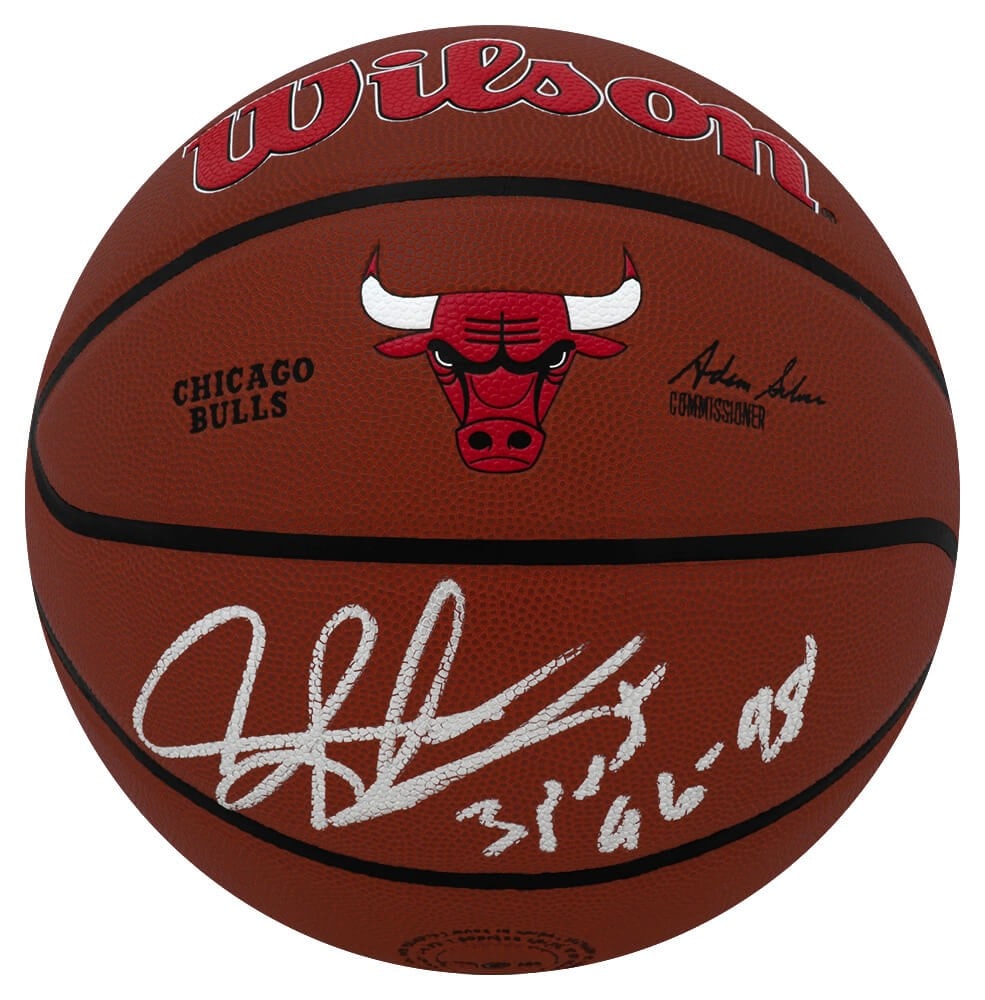 Dennis Rodman Signed Chicago Bulls Basketball with 3-Peat Inscription: Dennis Rodman Signed Chicago Bulls Basketball with 3-Peat Inscription This authentic Dennis Rodman signed Chicago Bulls logo Wilson Alliance NBA basketball features the iconic '3-Peat 96-98' inscripti