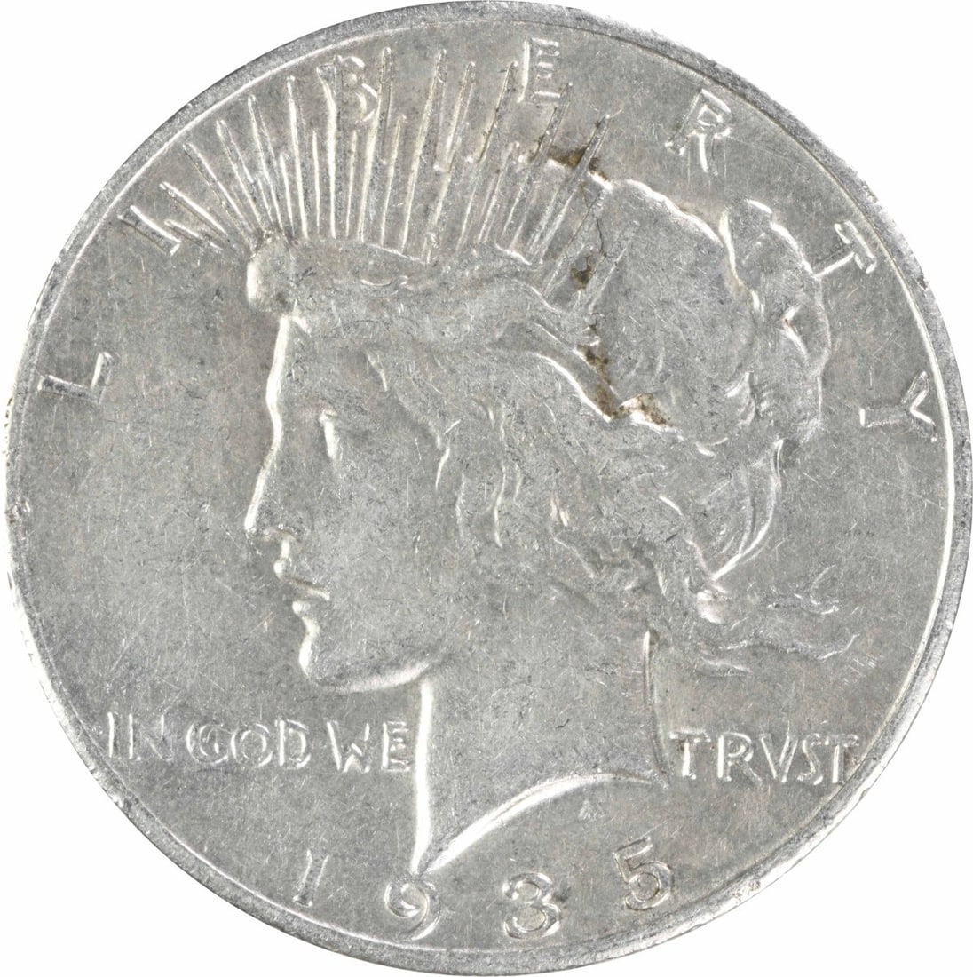 1935 S United States Peace Dollar Silver Coin VF Uncertified: 1935 S United States Peace Dollar Silver Coin VF Uncertified 1935-S Peace Silver Dollar in VF grade. This circulated, uncertified coin is composed of silver and is a pre-owned example from the United 