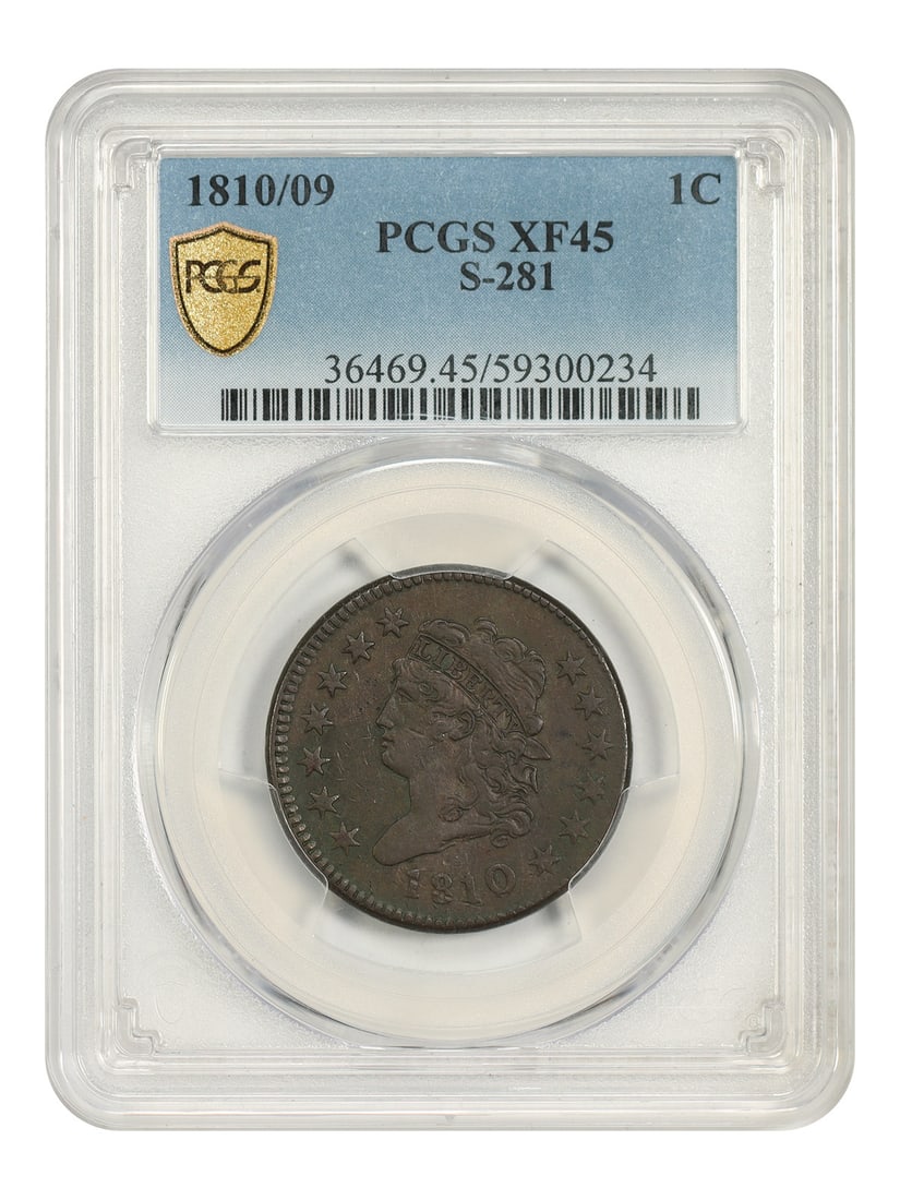 Classic Head Cent 1810 1C PCGS XF45 S-281: Classic Head Cent 1810 1C PCGS XF45 S-281 1810/09 Classic Head Cent graded PCGS XF45. This circulated early large cent has BN color with smooth dark chocolate surfaces and above-average eye appeal for