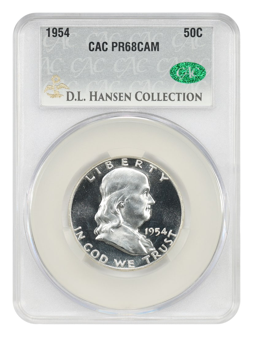 Franklin Half Dollar 1954 50C CACG PR68CAM ex D.L. Hansen: Franklin Half Dollar 1954 50C CACG PR68CAM ex D.L. Hansen 1954 Franklin Half Dollar certified by CACG as PR68CAM. This pre-owned coin is an uncirculated example with bold cameo contrast, strong origin