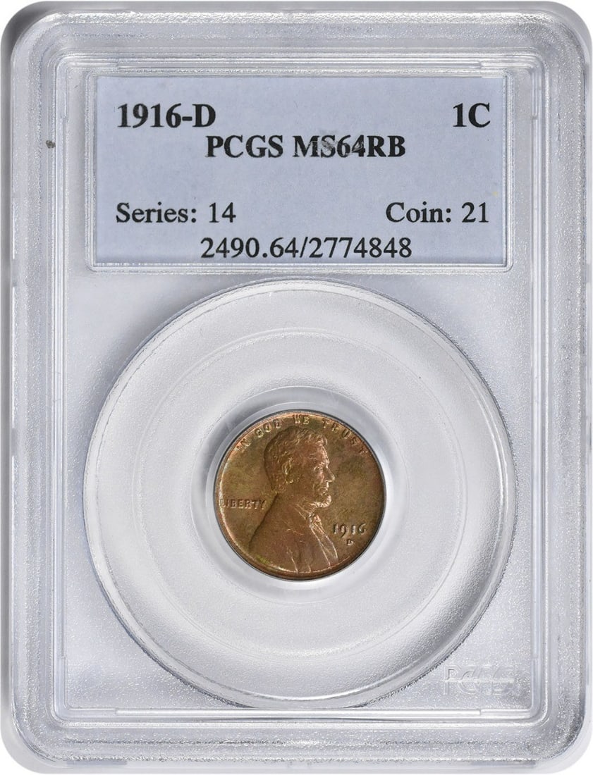 PCGS MS64RB 1916 Denver Lincoln Wheat Cent: PCGS MS64RB 1916 Denver Lincoln Wheat Cent This 1916-D Lincoln Cent is a small cent coin from the United States, featuring the iconic Wheat design by Victor David Brenner. Certified by PCGS with a gra