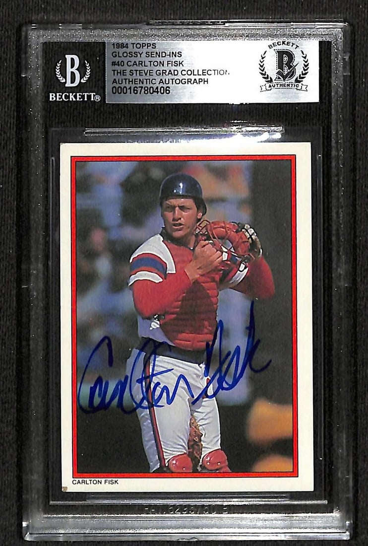 Beckett Encapsulated 1984 Topps Glossy Send Ins Carlton Fisk Autographed Card: Beckett Encapsulated 1984 Topps Glossy Send Ins Carlton Fisk Autographed Card This is a 1984 Topps Glossy Send-Ins baseball trading card featuring Hall of Fame catcher Carlton Fisk. The card is autogr