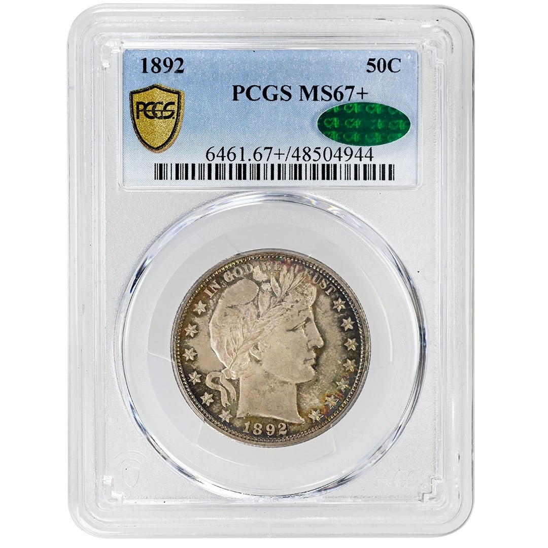 PCGS CAC 1892 Barber Half Dollar 50C MS67+: PCGS CAC 1892 Barber Half Dollar 50C MS67+ 1892 Barber Half Dollar certified by PCGS in MS67+ condition. This uncirculated silver coin features frosty mint luster, peripheral toning, and a bold strike