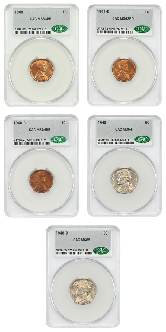 14 Coin 1948 PDS Mint Set 1C to 50C CACG Certified: 14 Coin 1948 PDS Mint Set 1C to 50C CACG Certified Complete 1948 PDS Mint Set certified by CACG, featuring 14 coins spanning denominations from 1C through 50C, including the Lincoln Wheat Reverse cent