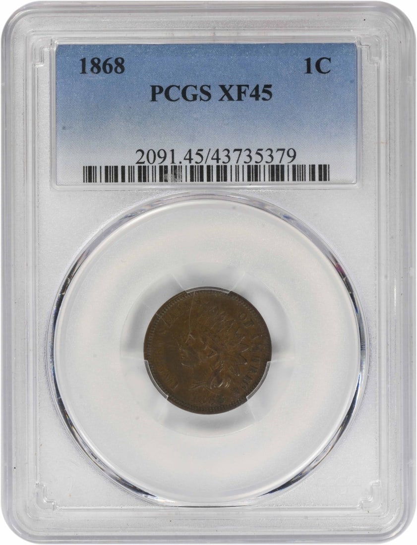1868 Indian Head Cent EF45 Graded by PCGS: 1868 Indian Head Cent EF45 Graded by PCGS This 1868 Indian Head Cent is graded EF45 by PCGS. Struck at the Philadelphia Mint, it is composed of 95% copper and 5% tin and zinc. Designed by James Barton