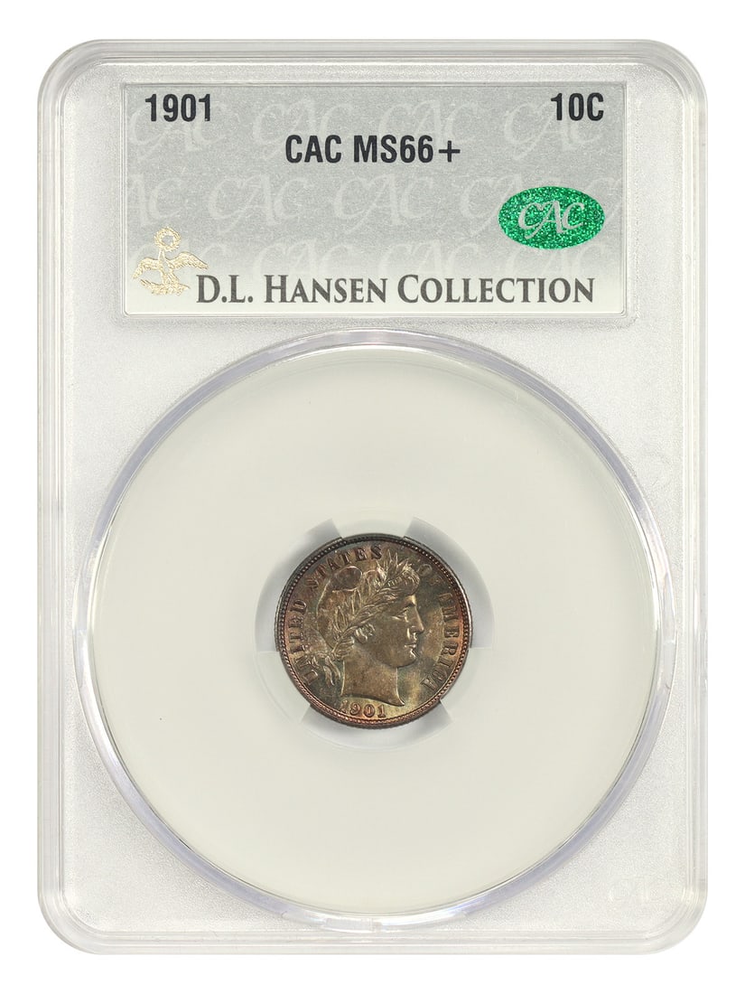 Barber Dime 1901 10C MS66+ CACG ex D.L. Hansen: Barber Dime 1901 10C MS66+ CACG ex D.L. Hansen 1901 Barber Dime certified by CACG in MS66+ and pedigreed ex: D.L. Hansen. This Philadelphia issue is described as an underrated key date in high grades 