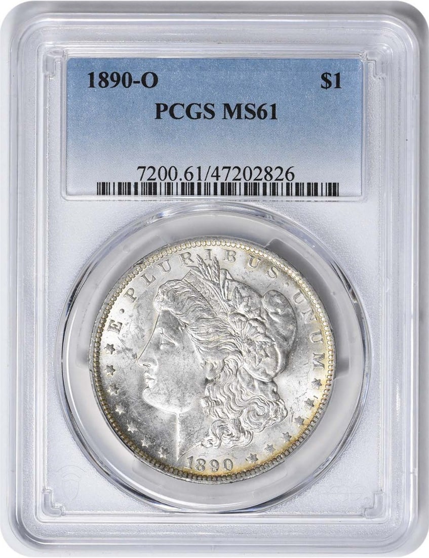 1890-O Morgan Silver Dollar MS61 PCGS Uncirculated Coin: 1890-O Morgan Silver Dollar MS61 PCGS Uncirculated Coin This 1890-O Morgan Silver Dollar is a stunning example of American coinage, featuring a beautiful design by George T. Morgan. Certified by PCGS 
