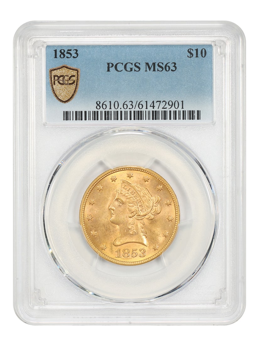 1853 Liberty Head Eagle $10 PCGS MS63 Gold Coin: 1853 Liberty Head Eagle $10 PCGS MS63 Gold Coin 1853 Liberty Head $10 Eagle certified by PCGS in MS63. With a respectable mintage of 201,253 circulation strikes, the 1853 $10 Liberty Head Eagle is gen