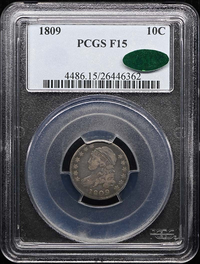 PCGS F15 CAC 1809 Capped Bust 10C Dime: PCGS F15 CAC 1809 Capped Bust 10C Dime 1809 Capped Bust Dime graded F15 by PCGS with CAC approval. This circulated, pre-owned United States coin was minted in Philadelphia and carries the Capped Bust 