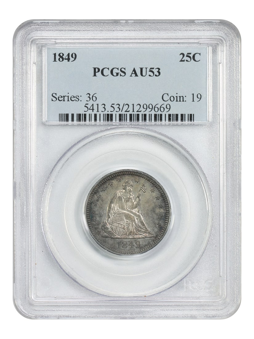 PCGS AU53 1849 Liberty Seated Quarter 25C: PCGS AU53 1849 Liberty Seated Quarter 25C 1849 Liberty Seated Quarter certified by PCGS in AU53. This circulated, pre-owned example is described as a charming coin from a low mintage of 340,000 coins.