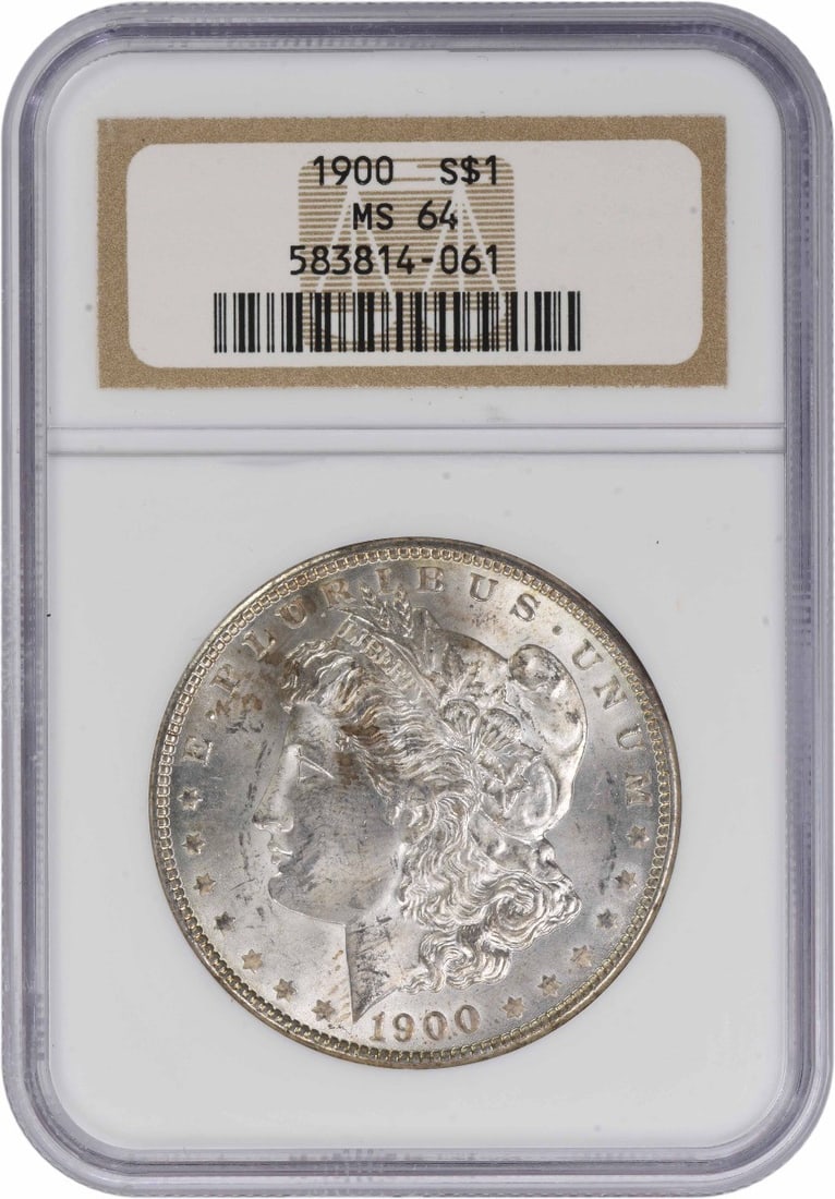 MS64 Graded 1900 Morgan Dollar NGC Uncirculated 90 Percent Silver: MS64 Graded 1900 Morgan Dollar NGC Uncirculated 90 Percent Silver This is a 1900 Morgan Silver Dollar certified MS64 by NGC. Struck at the Philadelphia Mint with no mint mark, this uncirculated coin i