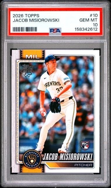 PSA 10 Gem Mint 2026 Topps #10 Jacob Misiorowski Brewers Rookie Card: PSA 10 Gem Mint 2026 Topps #10 Jacob Misiorowski Brewers Rookie Card Graded 2026 Topps Jacob Misiorowski rookie sports trading card featuring the Milwaukee Brewers player. This PSA-encapsulated card i