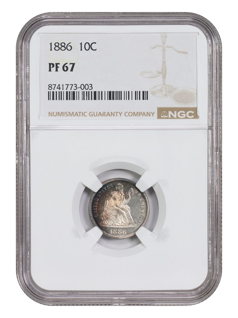 NGC PR67 1886 Liberty Seated Dime 10C: NGC PR67 1886 Liberty Seated Dime 10C 1886 Liberty Seated Dime certified by NGC as PR67. This uncirculated proof issue has a low proof mintage of just 886 coins. The coin shows a crescent of obverse t