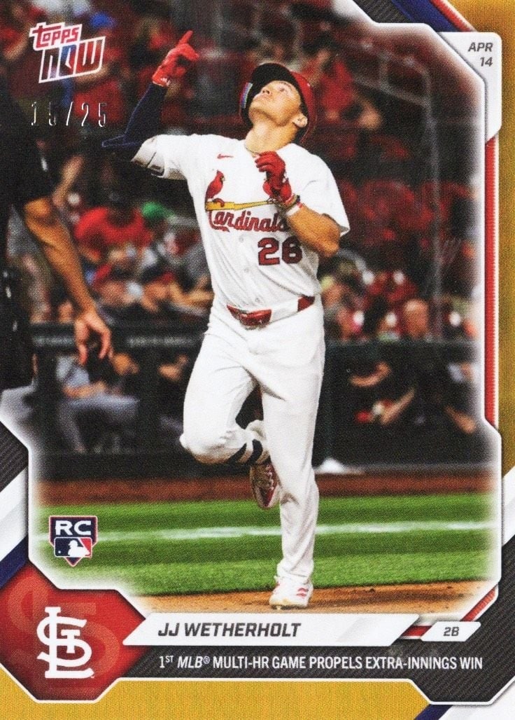 JJ Wetherholt 2026 Topps Now #86 Orange Foil /25 Cardinals Rookie Card: JJ Wetherholt 2026 Topps Now #86 Orange Foil /25 Cardinals Rookie Card 2026 Topps Now JJ Wetherholt #86 Orange Foil /25 rookie baseball card featuring JJ Wetherholt of the St Louis Cardinals. This pre