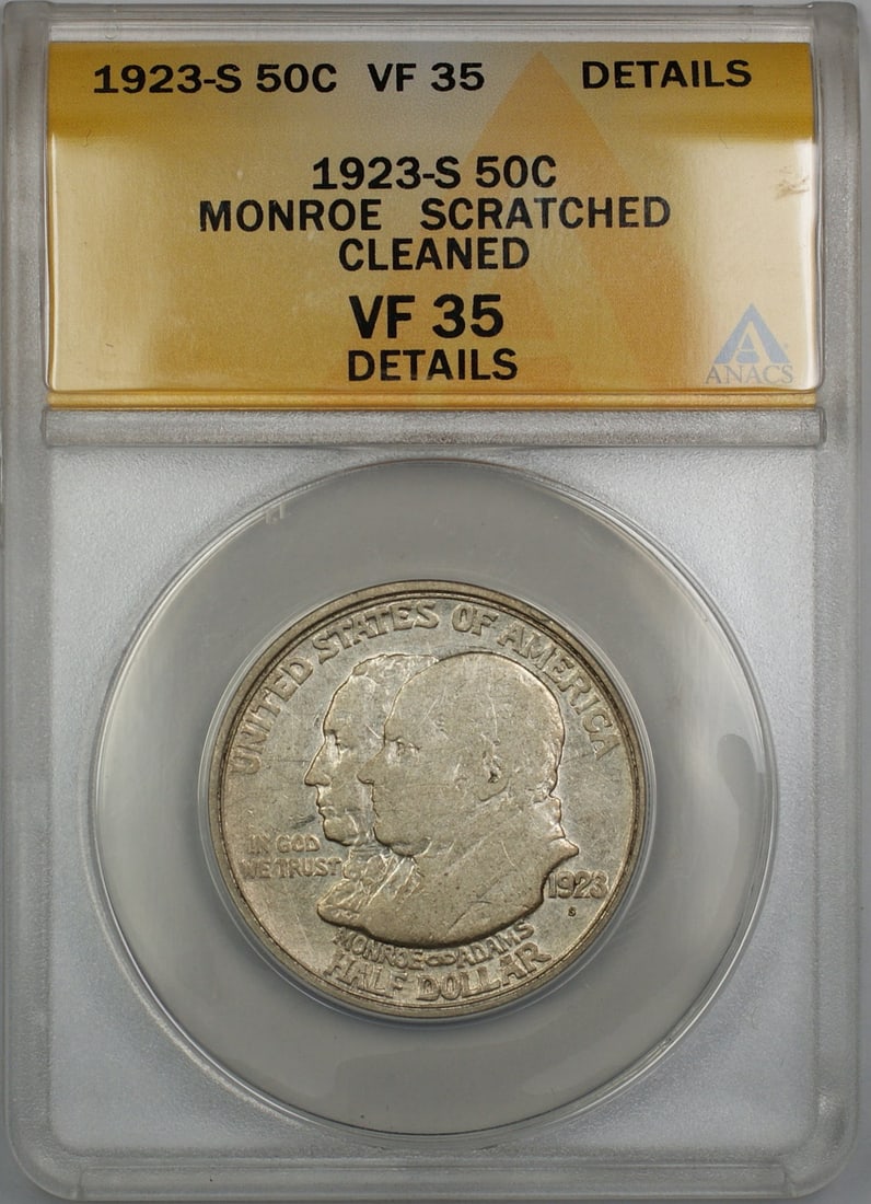 1923-S Monroe Silver Half Dollar ANACS VF 35 Details San Francisco Mint: 1923-S Monroe Silver Half Dollar ANACS VF 35 Details San Francisco Mint This is a 1923-S Monroe Commemorative Silver Half Dollar coin graded VF 35 Details by ANACS. The coin was minted in San Francisc