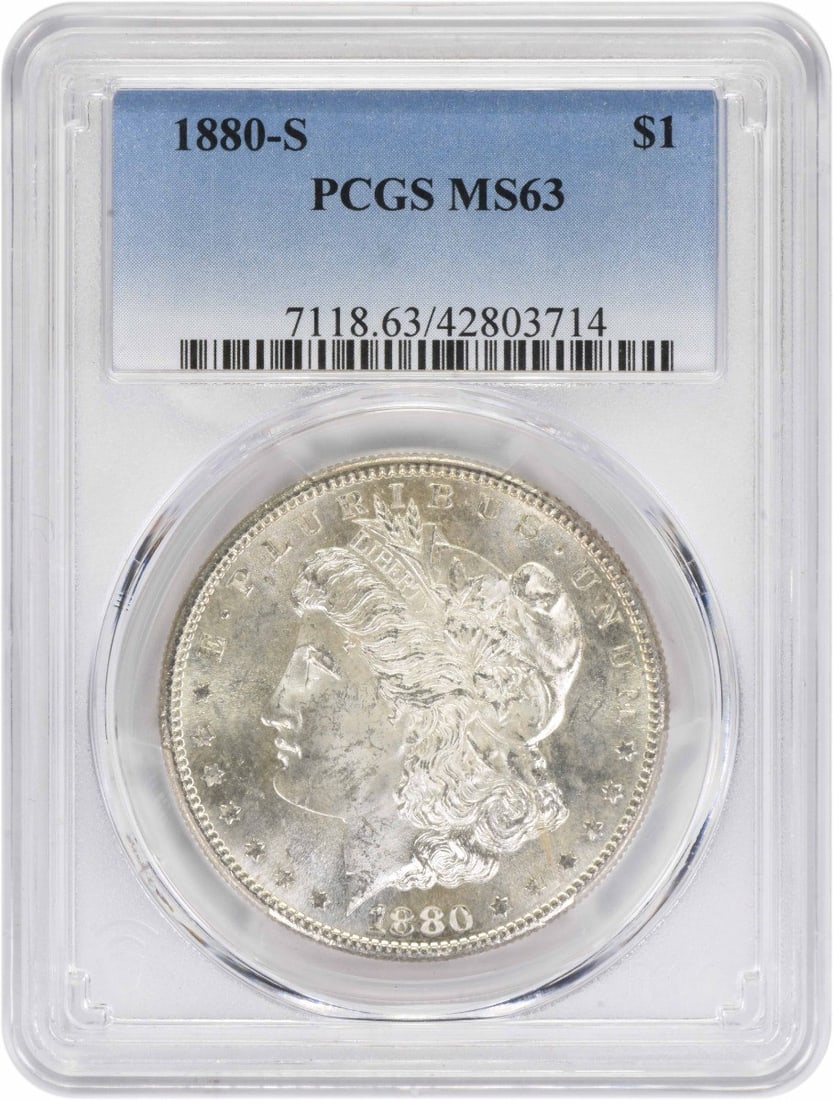 PCGS MS63 1880 S Morgan Silver Dollar $1: PCGS MS63 1880 S Morgan Silver Dollar $1 1880-S Morgan Silver Dollar graded MS63 by PCGS. This uncirculated United States coin is composed of 90% silver and 10% copper, with a reeded edge and the S mi