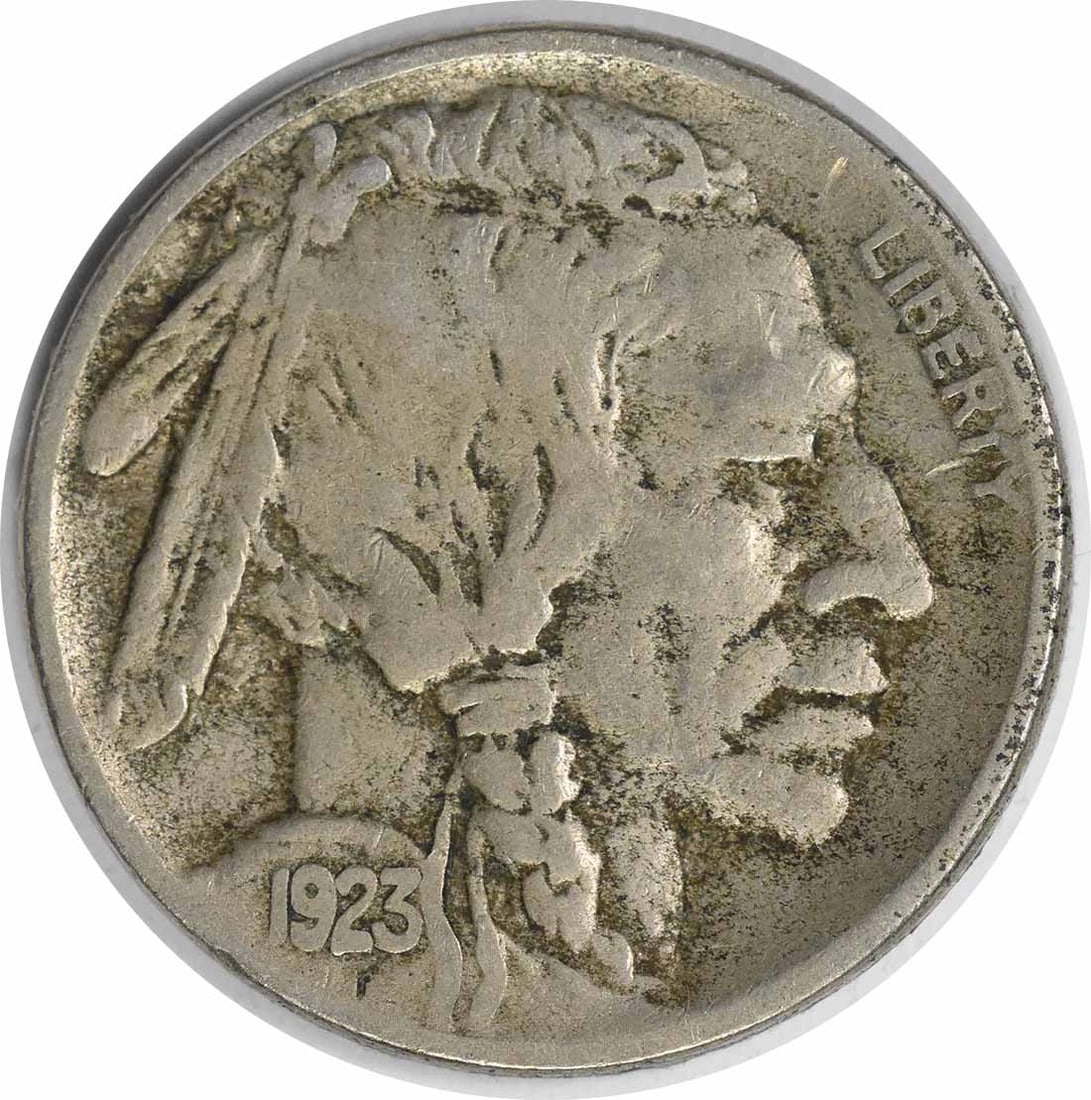 1923 S Buffalo 5C Nickel VF Uncertified: 1923 S Buffalo 5C Nickel VF Uncertified This 1923-S Buffalo Nickel is a circulated coin from the United States, featuring the iconic Buffalo (Indian Head) design. The coin is graded as Very Fine (VF) 