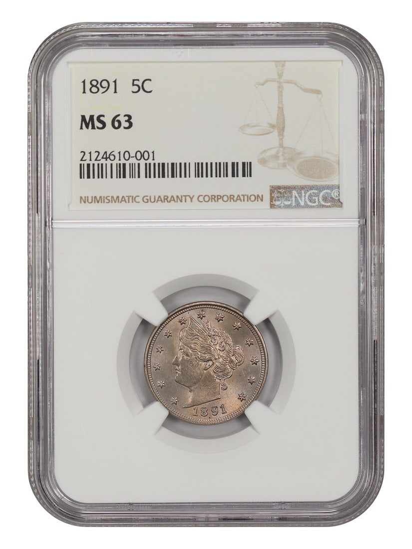 NGC MS63 1891 Liberty Head 5C Philadelphia: NGC MS63 1891 Liberty Head 5C Philadelphia 1891 Liberty Nickel certified by NGC in MS63 grade. This pre-owned coin is an uncirculated 5-cent piece struck in Philadelphia. Specifications Denomination: 