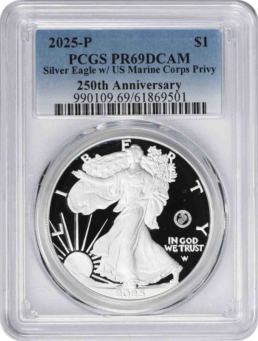 PCGS PR69DCAM 2025-P Silver Eagle Marine Corps Privy 1 oz Proof: PCGS PR69DCAM 2025-P Silver Eagle Marine Corps Privy 1 oz Proof This 2025-P American Silver Eagle features a U.S. Marine Corps privy mark commemorating the 250th anniversary. Struck in proof quality a