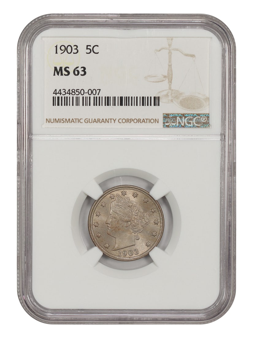 NGC MS63 1903 Liberty Nickel 5C: NGC MS63 1903 Liberty Nickel 5C 1903 5C Liberty Nickel graded MS63 by NGC. The coin is from Philadelphia and is uncirculated. Certification number 4434850007 is provided. Condition: pre-owned. Specifi