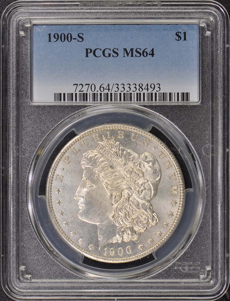 1900-S Morgan Dollar Uncirculated PCGS MS64 San Francisco: 1900-S Morgan Dollar Uncirculated PCGS MS64 San Francisco This 1900-S Morgan Dollar, certified by PCGS with a grade of MS64, is a stunning example of American numismatic history. Struck in San Francis