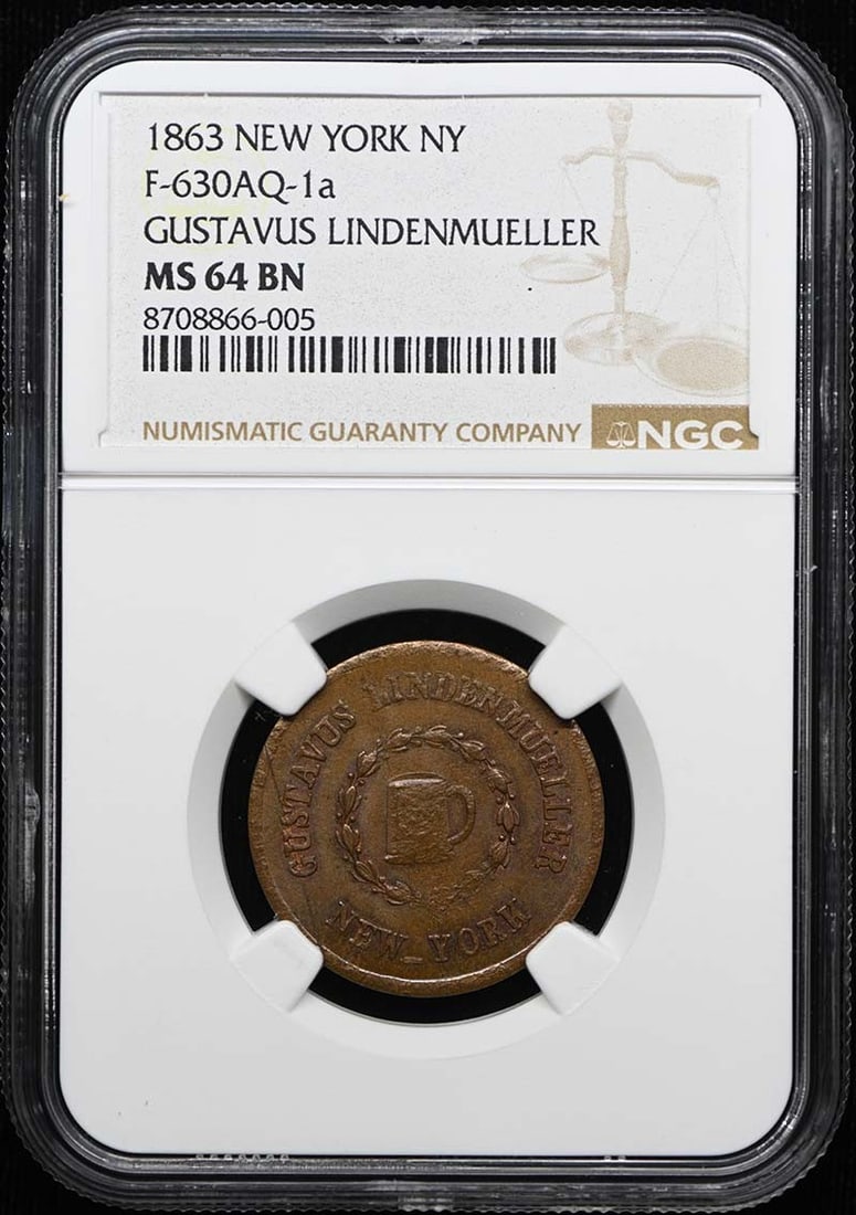 NGC MS64BN 1863 Gustavus Lindenmueller NY Token F-630AQ-1a: NGC MS64BN 1863 Gustavus Lindenmueller NY Token F-630AQ-1a 1863 Gustavus Lindenmueller token graded NGC MS64BN. This pre-owned United States token is listed as uncirculated and encapsulated by NGC. Sp