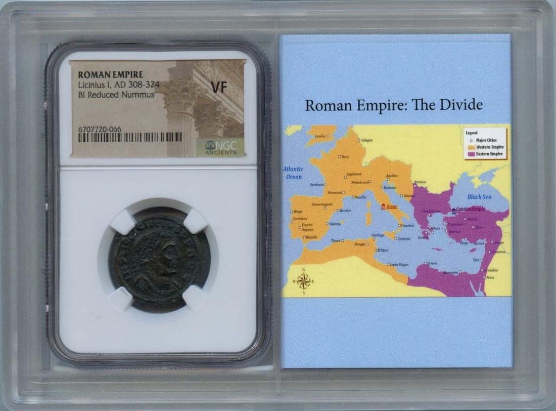 Roman Bronze Nummus of Licinius I NGC VF20 Certified Coin: Roman Bronze Nummus of Licinius I NGC VF20 Certified Coin This is a Roman Empire reduced nummus coin from the reign of Licinius I, dated AD 308-324. The coin has been authenticated and graded VF20 by 