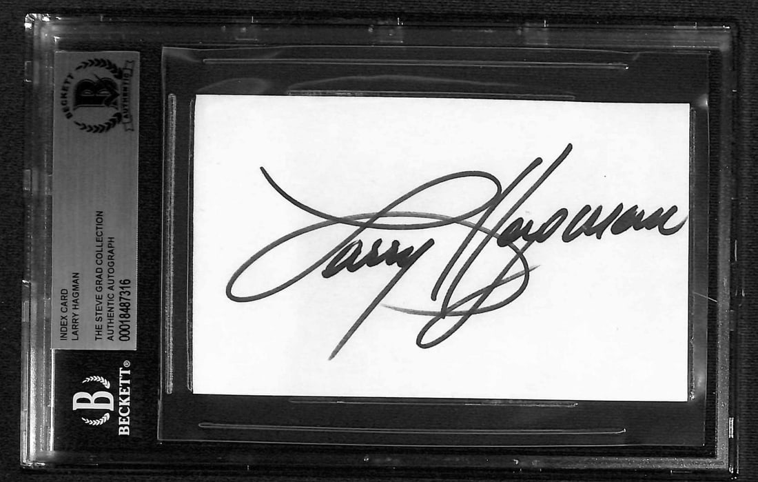 Beckett Authenticated Larry Hagman Signed Index Card: Beckett Authenticated Larry Hagman Signed Index Card This is a signed index card featuring the autograph of actor Larry Hagman, best known for his role as J.R. Ewing on the television series Dallas. T