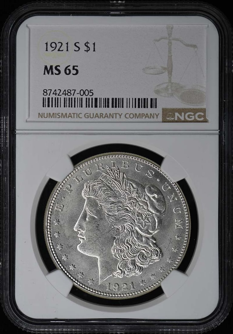 NGC MS65 1921 S Morgan Silver Dollar: NGC MS65 1921 S Morgan Silver Dollar 1921-S Morgan Dollar graded MS65 by NGC. This pre-owned United States silver dollar is an uncirculated example of the Morgan Dollar series struck at the San Franci