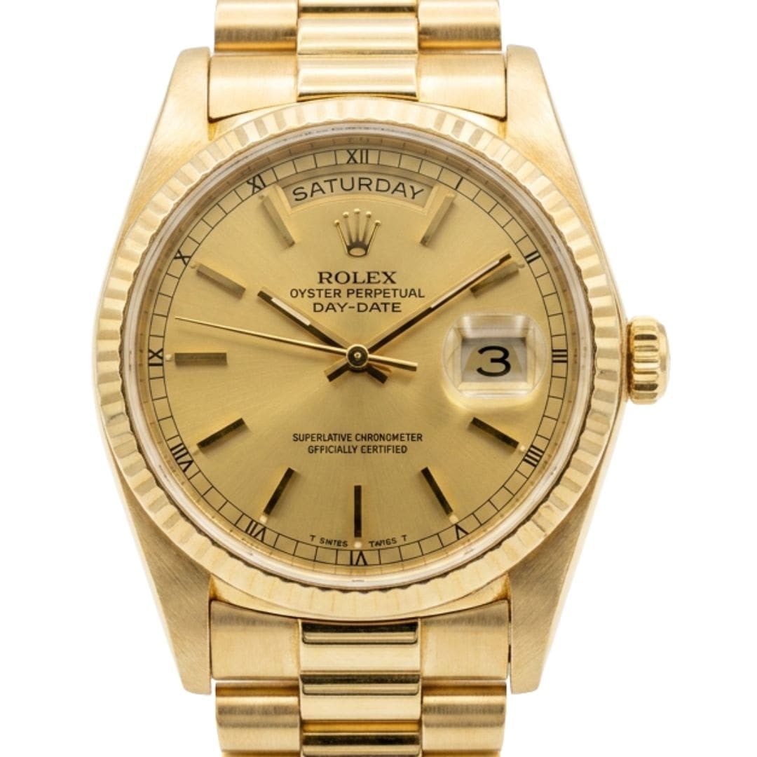 Rolex 18038 Day-Date President watch in 18K yellow gold 36mm: Rolex 18038 Day-Date President watch in 18K yellow gold 36mm Pre-owned Rolex Day-Date President wristwatch in 18K yellow gold, featuring a round 36 mm case, gold dial, and matching President bracelet.