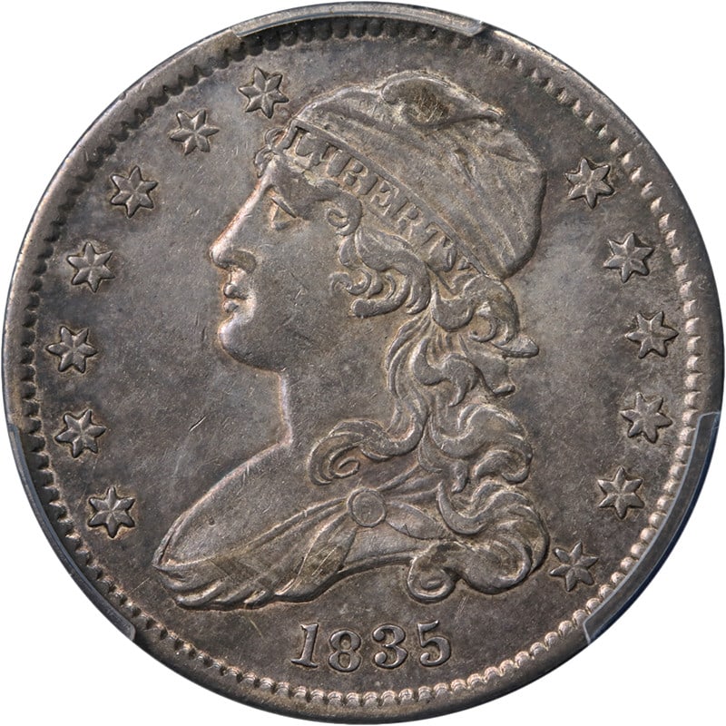 1835 United States Bust Quarter Silver Coin PCGS AU Details: 1835 United States Bust Quarter Silver Coin PCGS AU Details 1835 Bust Quarter certified by PCGS as AU Details. This circulated silver coin is noted for its nice eye appeal, strong strike, great color,