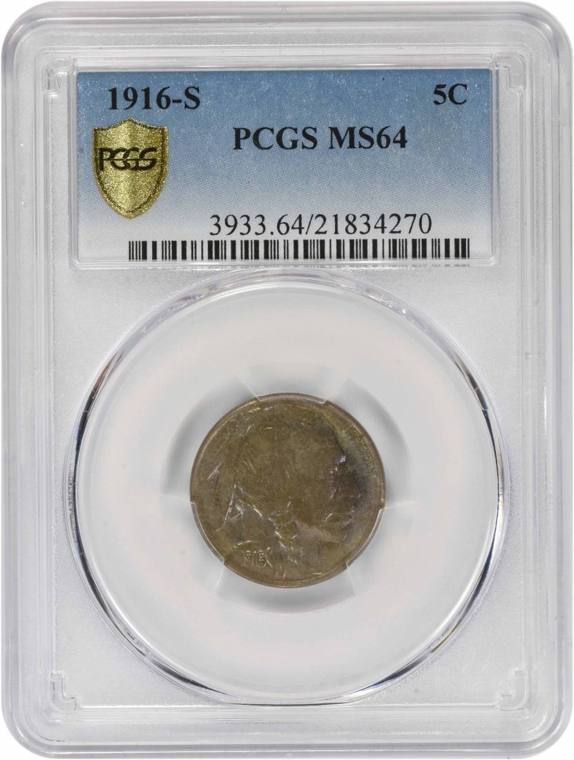 Buffalo Nickel 1916 S Five Cent Coin PCGS MS64 Certified Uncirculated: Buffalo Nickel 1916 S Five Cent Coin PCGS MS64 Certified Uncirculated This is a 1916-S Buffalo Nickel graded MS64 by PCGS. The coin is uncirculated and features a denomination of 5 cents. Minted in Sa