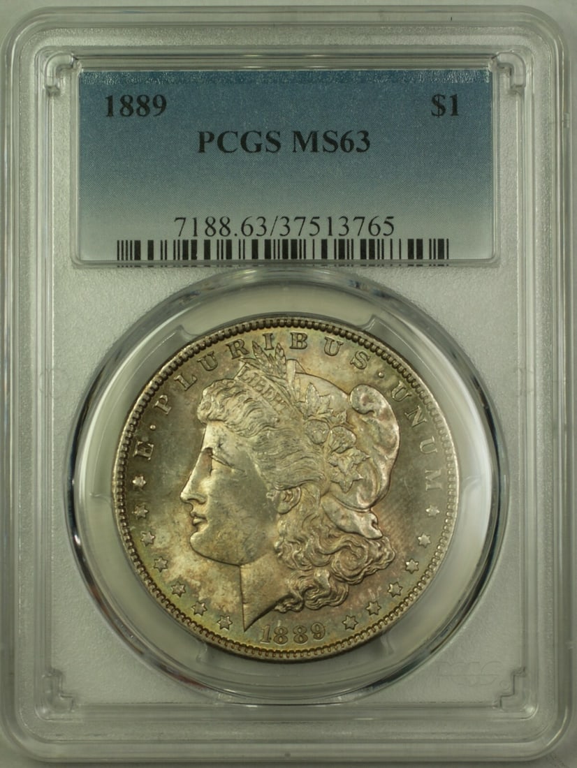 PCGS MS-63 1889 Silver Morgan Dollar with Dual Sided Toning: PCGS MS-63 1889 Silver Morgan Dollar with Dual Sided Toning This 1889 Morgan Silver Dollar features attractive dual-sided toning and is graded MS-63 by PCGS. Struck in Philadelphia, this uncirculated 