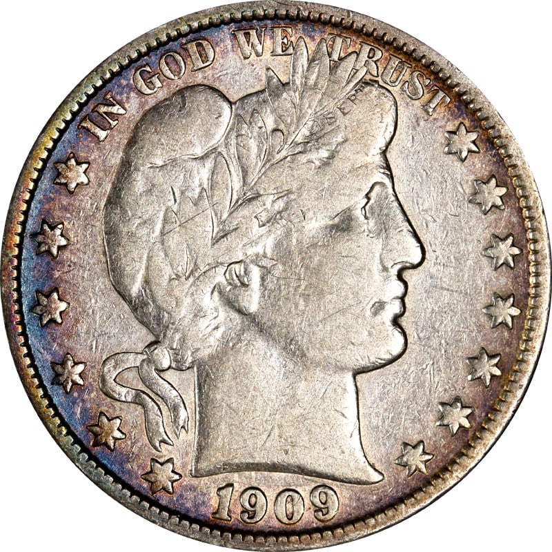1909 S Silver Barber Half Dollar: 1909 S Silver Barber Half Dollar This is a 1909-S Barber Half Dollar, a circulated silver coin from the United States. The coin is composed of 0.9 fineness silver and originates from the San Francisco