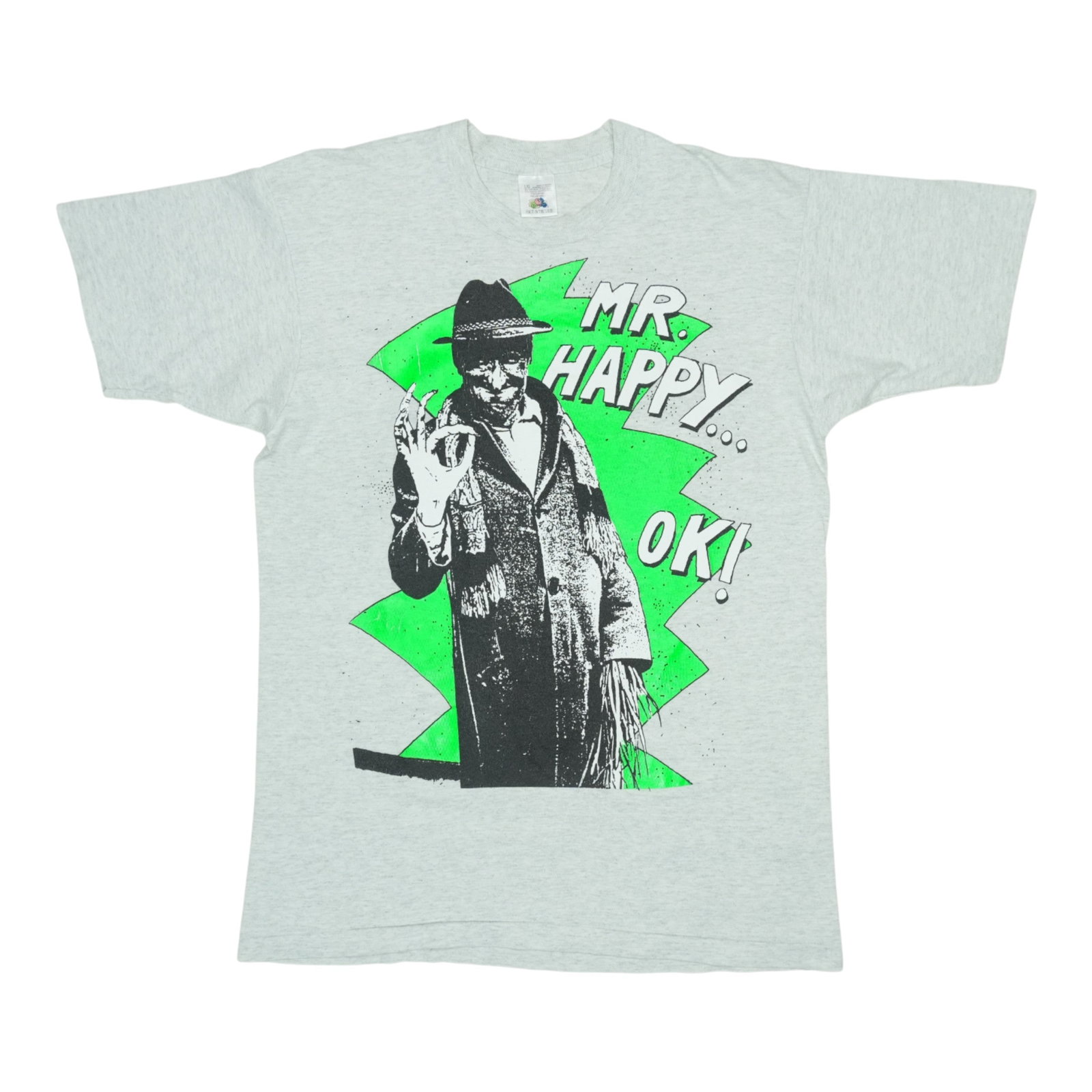 Vintage 1993 Mr Happy Nomeansno Grey Cotton Band T-Shirt Size Large: Vintage 1993 Mr Happy Nomeansno Grey Cotton Band T-Shirt Size Large This is an original vintage 1993 Nomeansno Mr Happy shirt, featuring graphics on both the front and back. Made from 100% cotton, the