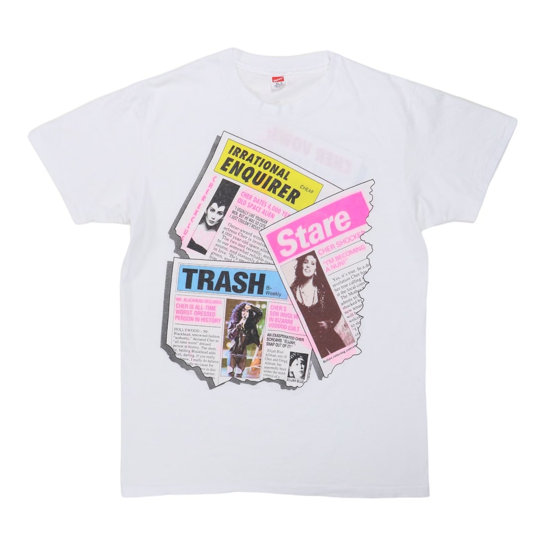 Vintage 1990 Cher Irrational Enquirer White Cotton Graphic T-Shirt XL: Vintage 1990 Cher Irrational Enquirer White Cotton Graphic T-Shirt XL This is an original vintage 1990 Cher "Irrational Enquirer" shirt featuring graphics on both the front and back. The shirt is made