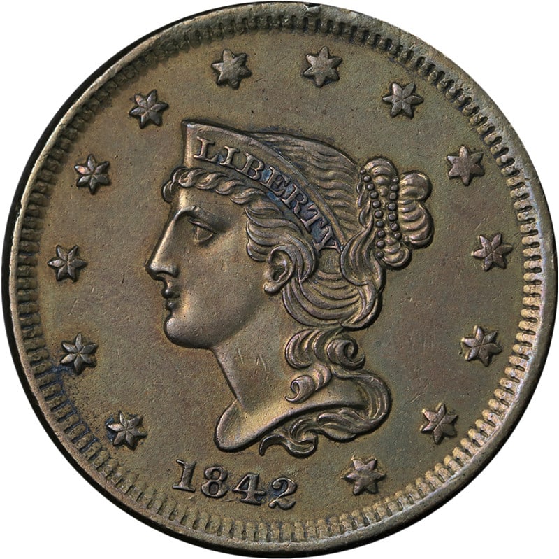 1842 Small Date Large Cent Copper Coin BU Details: 1842 Small Date Large Cent Copper Coin BU Details 1842 Large Cent 'Small Date' with Nice BU Details, noted for its nice eye appeal and strong strike. The color and surfaces are described as a touch of