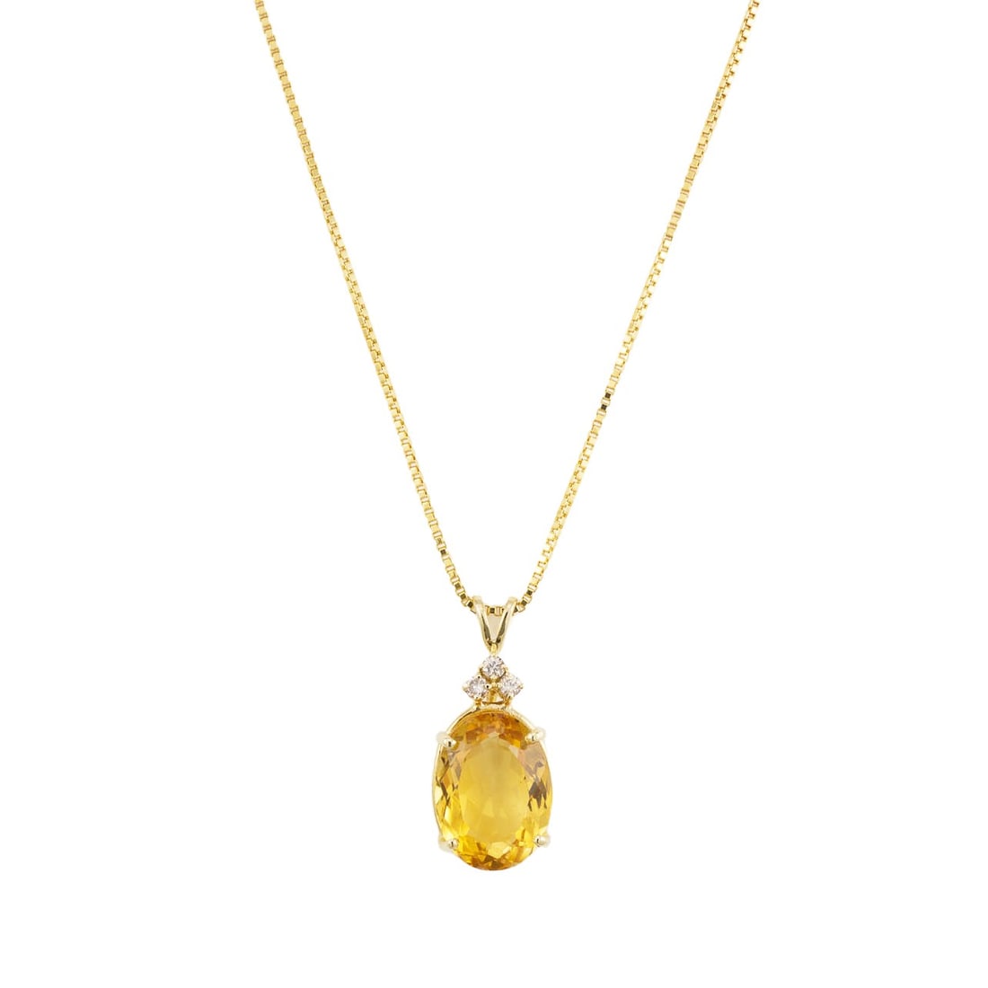 Oval Citrine and Diamond Pendant Necklace in 14K Yellow Gold: Oval Citrine and Diamond Pendant Necklace in 14K Yellow Gold Pre-owned necklace featuring an oval natural citrine quartz pendant accented by three diamonds. The pendant is suspended from a 14k yellow 