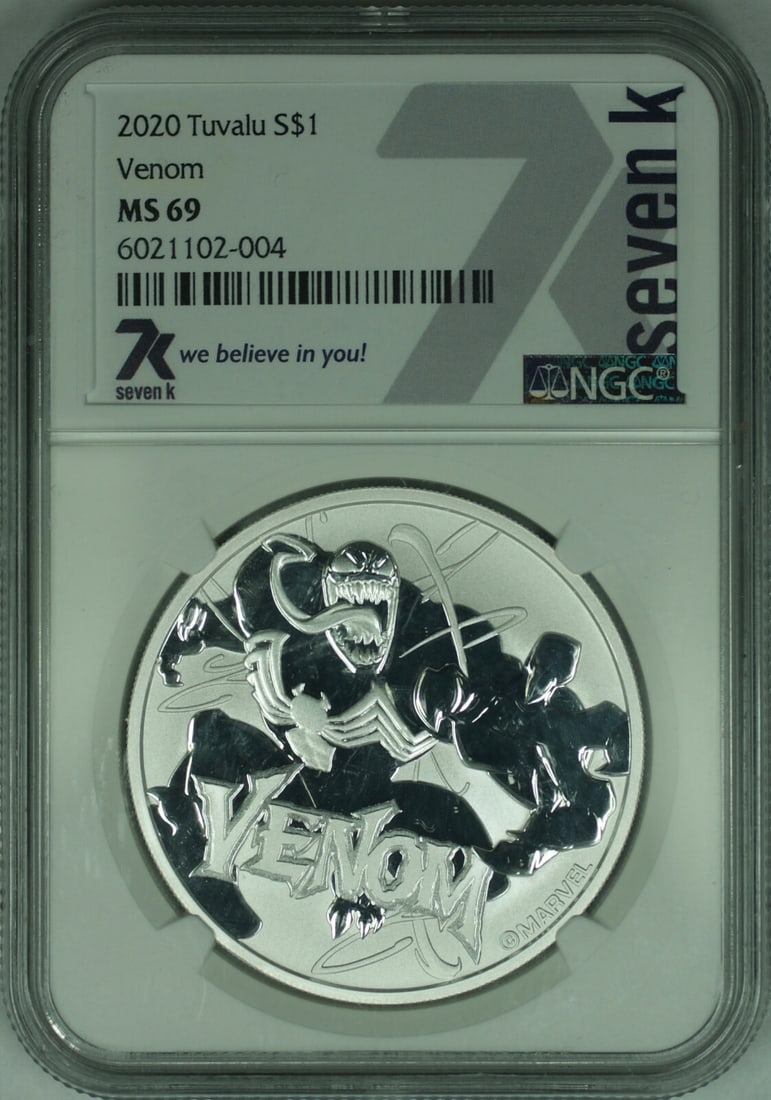 Marvel Venom 2020 Tuvalu 1 Oz Silver Dollar NGC MS 69: Marvel Venom 2020 Tuvalu 1 Oz Silver Dollar NGC MS 69 This 2020 Tuvalu Silver Dollar features the Marvel Comics Venom design and is composed of 1 oz of .9999 fine silver. The coin is certified by NGC 